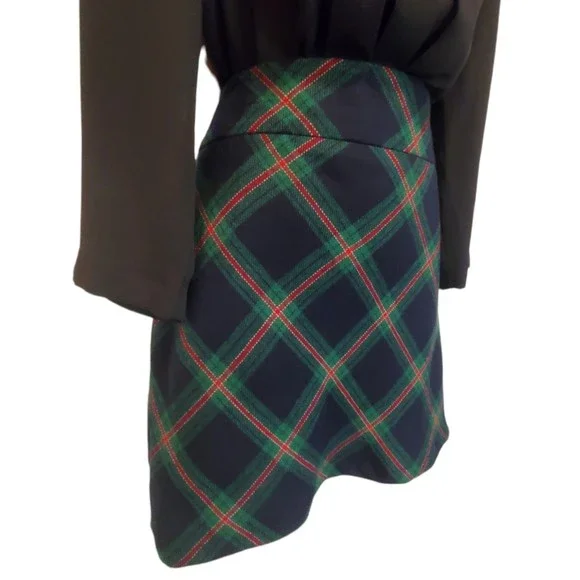 Talbots Women's Tartan Plaid Mini Skirt Sz 12 Wool Blend A Line Navy Green - Picture 2 of 7